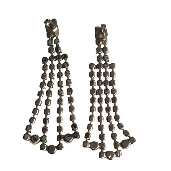 90's Vintage Rhinestone Dangle Drop Chandelier Earrings Silver Tone Post Style - Picture 10 of 16